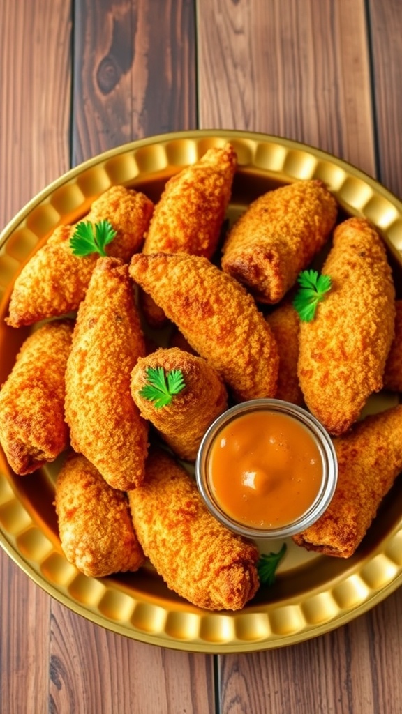 Crispy air fryer chicken tenders on a plate with dipping sauce and parsley garnish.